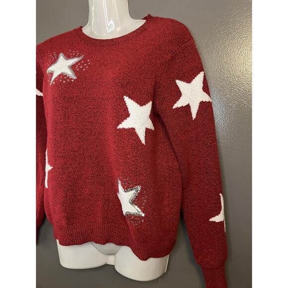 Holiday Time Sweater Womens Medium Red White Star Pullover Sequin Knit Festive - Picture 3 of 6